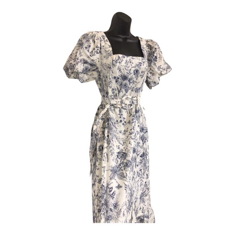 Cream‎ blue floral puff sleeve belted smocked square neck nap dress size medium - Picture 6 of 17